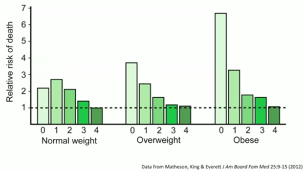 a bar graph showing that risk of death is the same for normal weight, overweight and people in the obese range if they are adopting 4 healthy habits